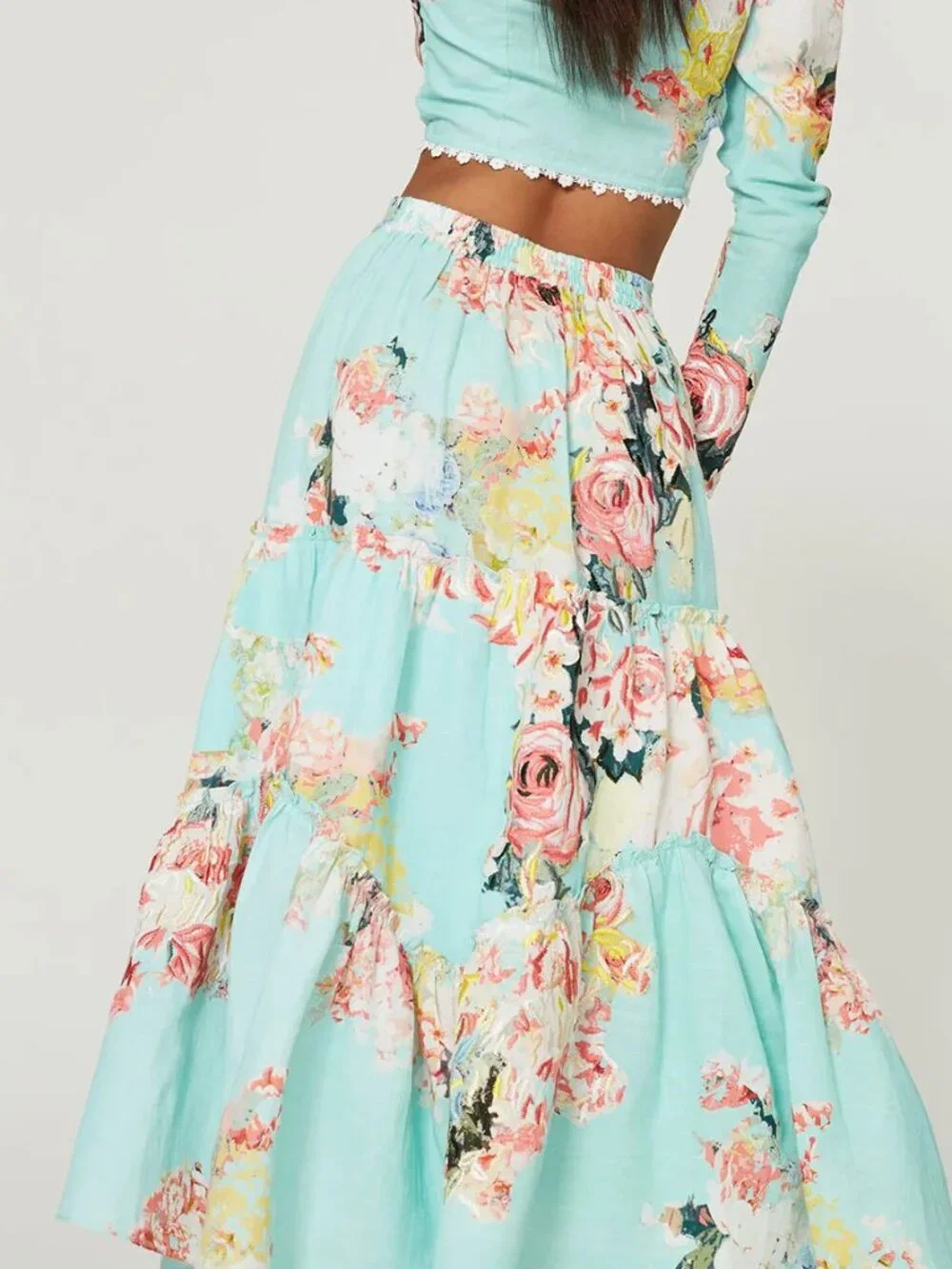 HEMANT & NANDITA SAGE Midi SKIRT Floral w/ embroidery tiered ruffle turquoise LG